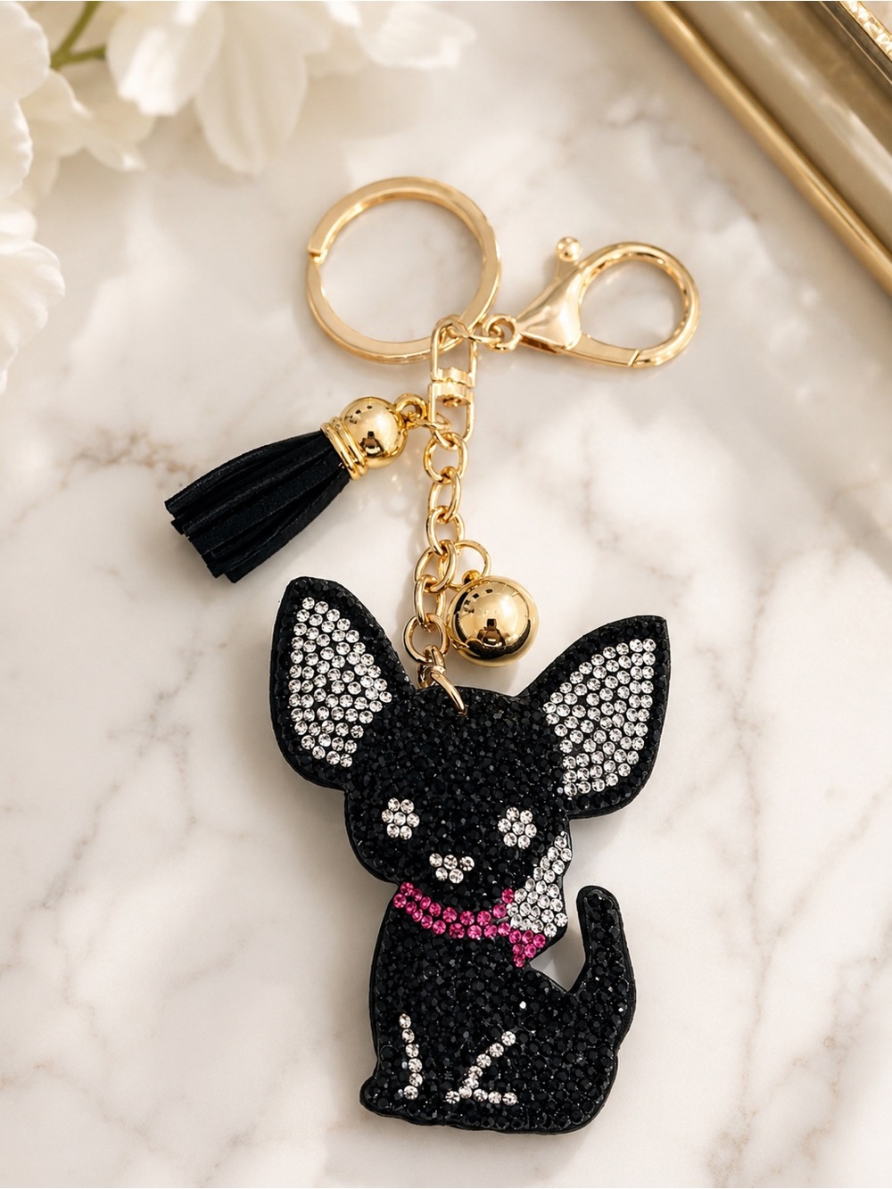 Black Rhinestone Chihuahua Dog Bag Charm Keychain Pink Collar Tassel Purse charm